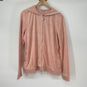 Escada Sport Pink Silk Velour Zip Hoodie Rhinestone Logo‎ Y2K Loungewear Size L